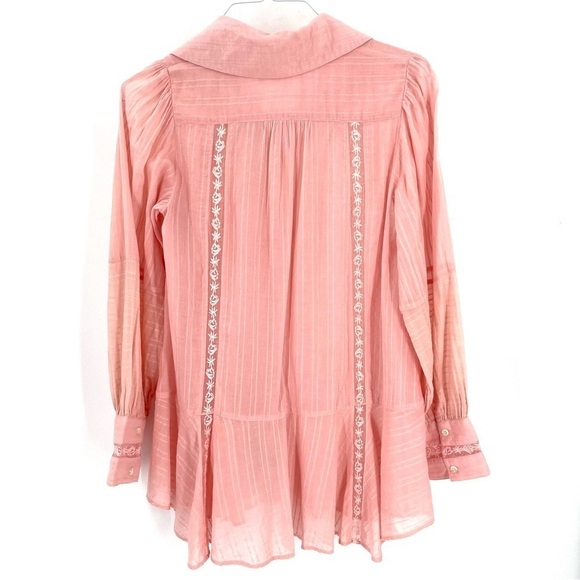 FREE PEOPLE Mikaela Pink Long Sleeve Button-Down Embroidered Tunic Blouse Top - Picture 6 of 7